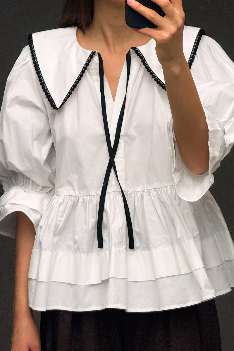 Cotton Embroidered Collar Blouse - White