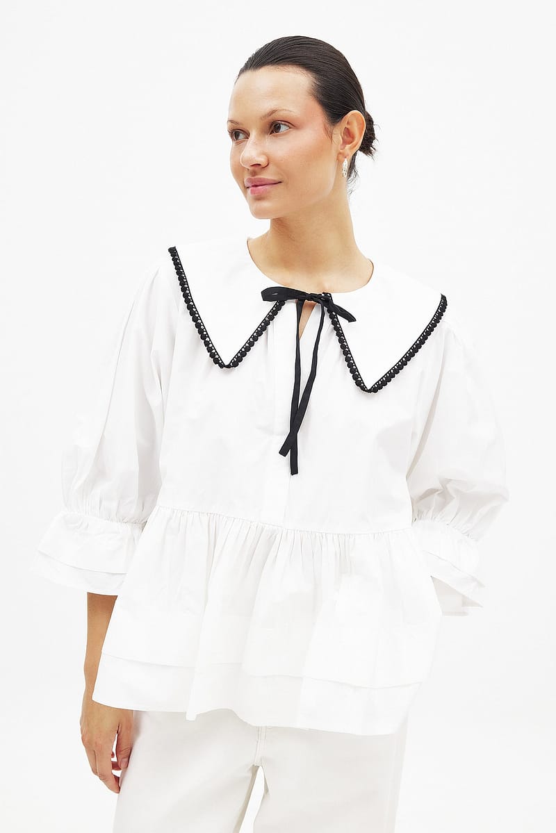 Cotton Embroidered Collar Blouse - White