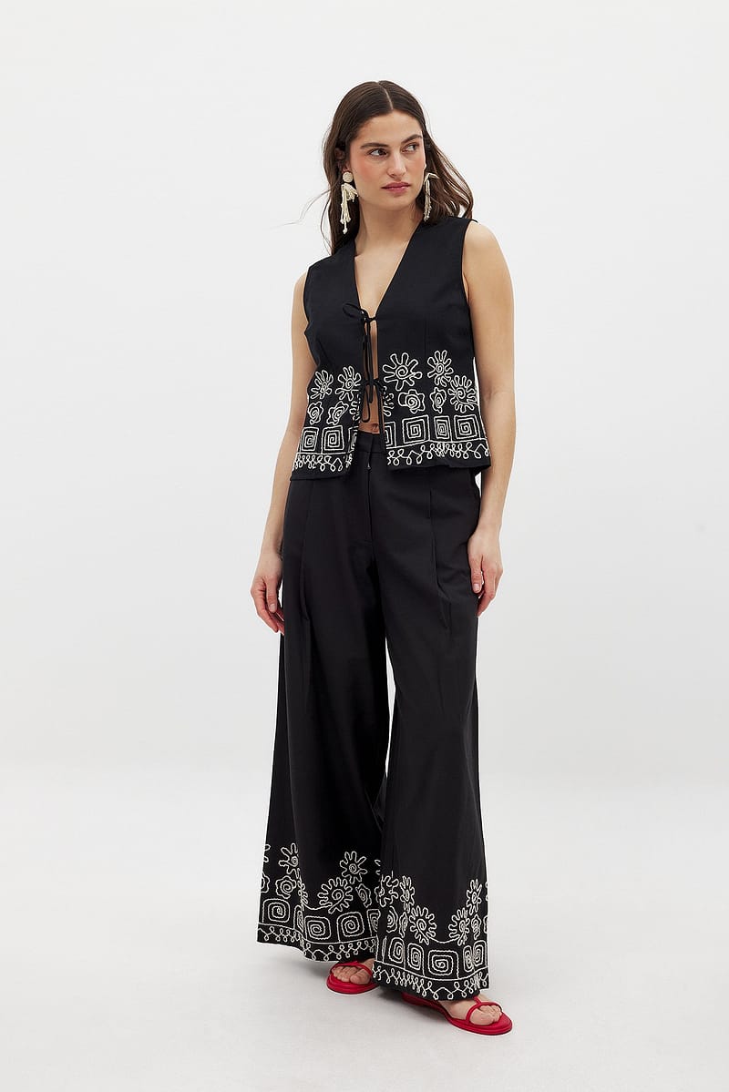 Wide Leg Mid Waist Pants - Black