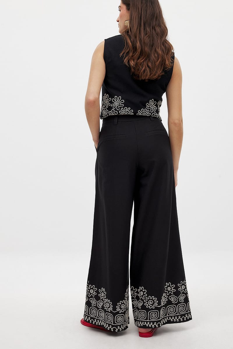 Wide Leg Mid Waist Pants - Black