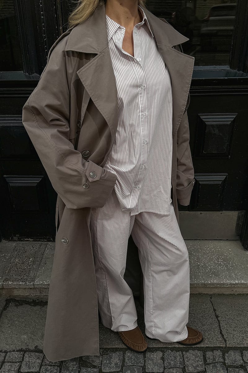 Cotton Wide Elastic Waist Pants - Stripe / Beige