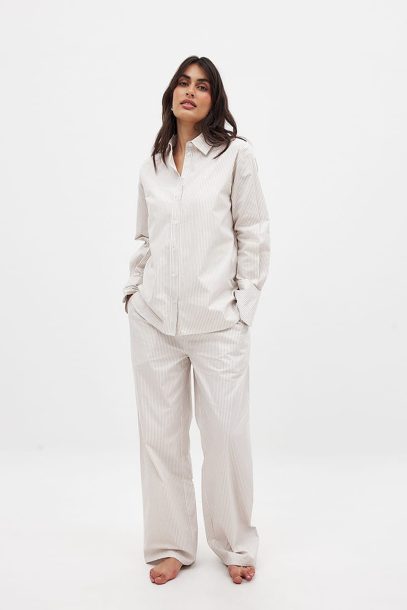 Cotton Wide Elastic Waist Pants - Stripe / Beige
