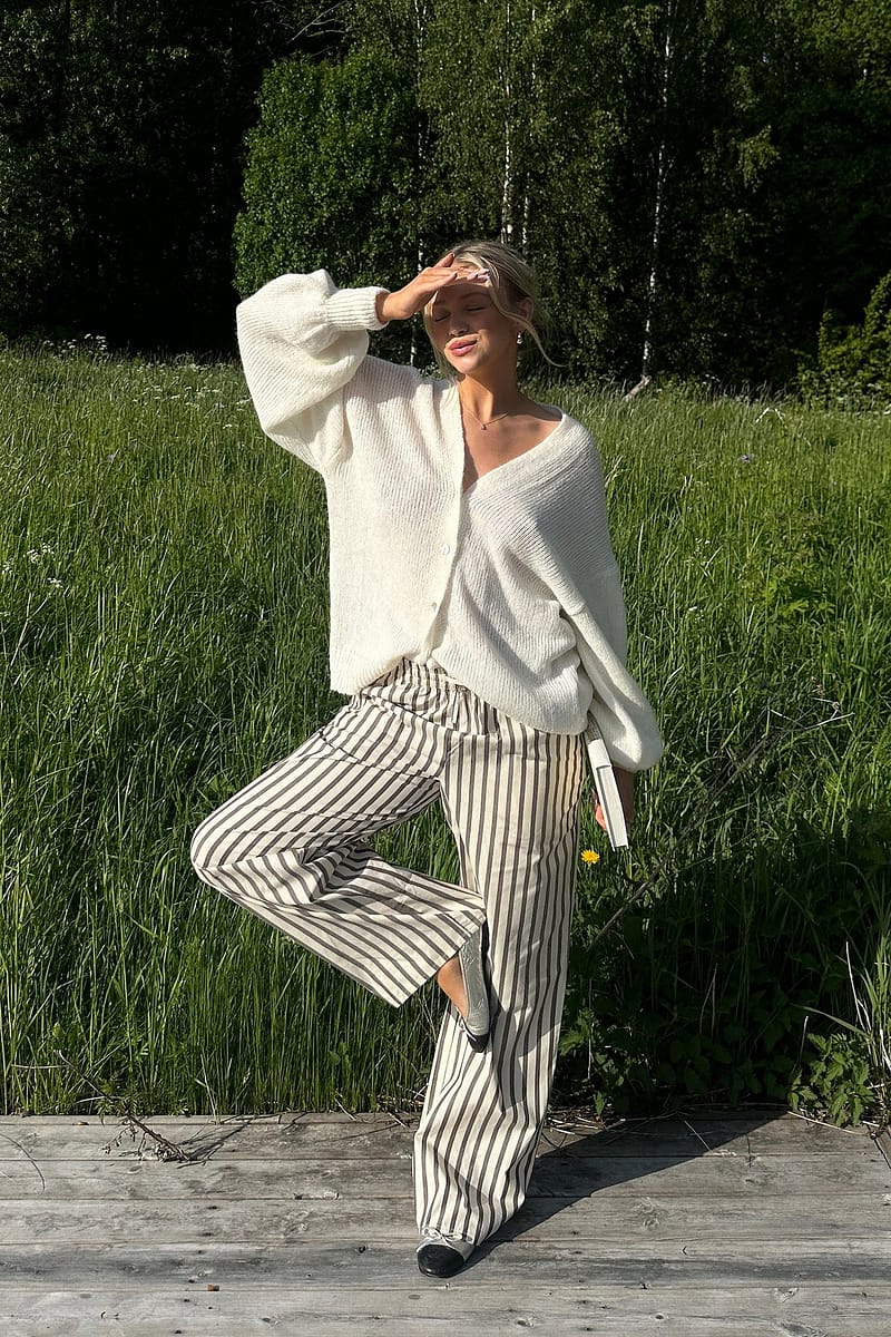 Cotton Wide Elastic Waist Pants - Stripe / Brown