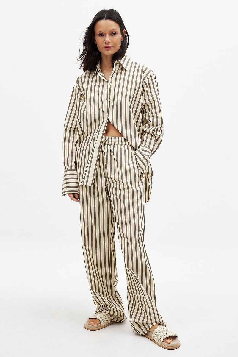 Cotton Wide Elastic Waist Pants - Stripe / Brown