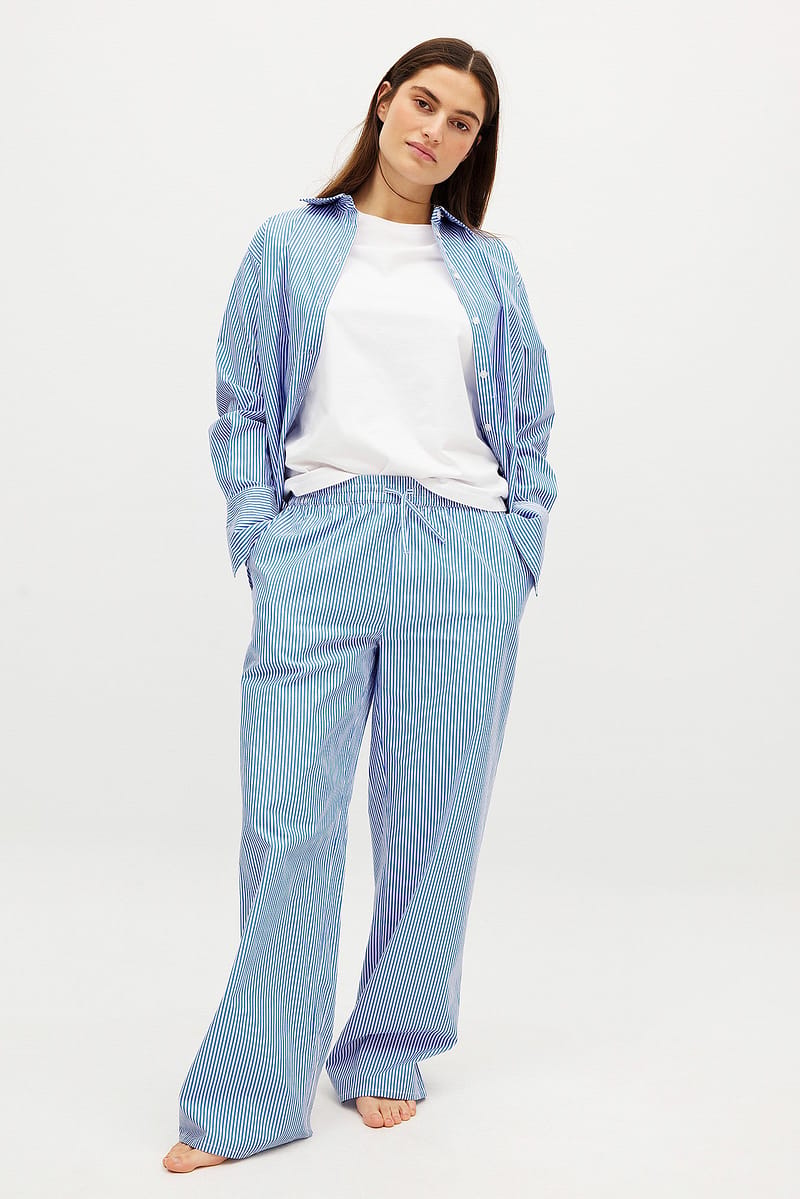 Cotton Wide Elastic Waist Pants - Stripe / Blue