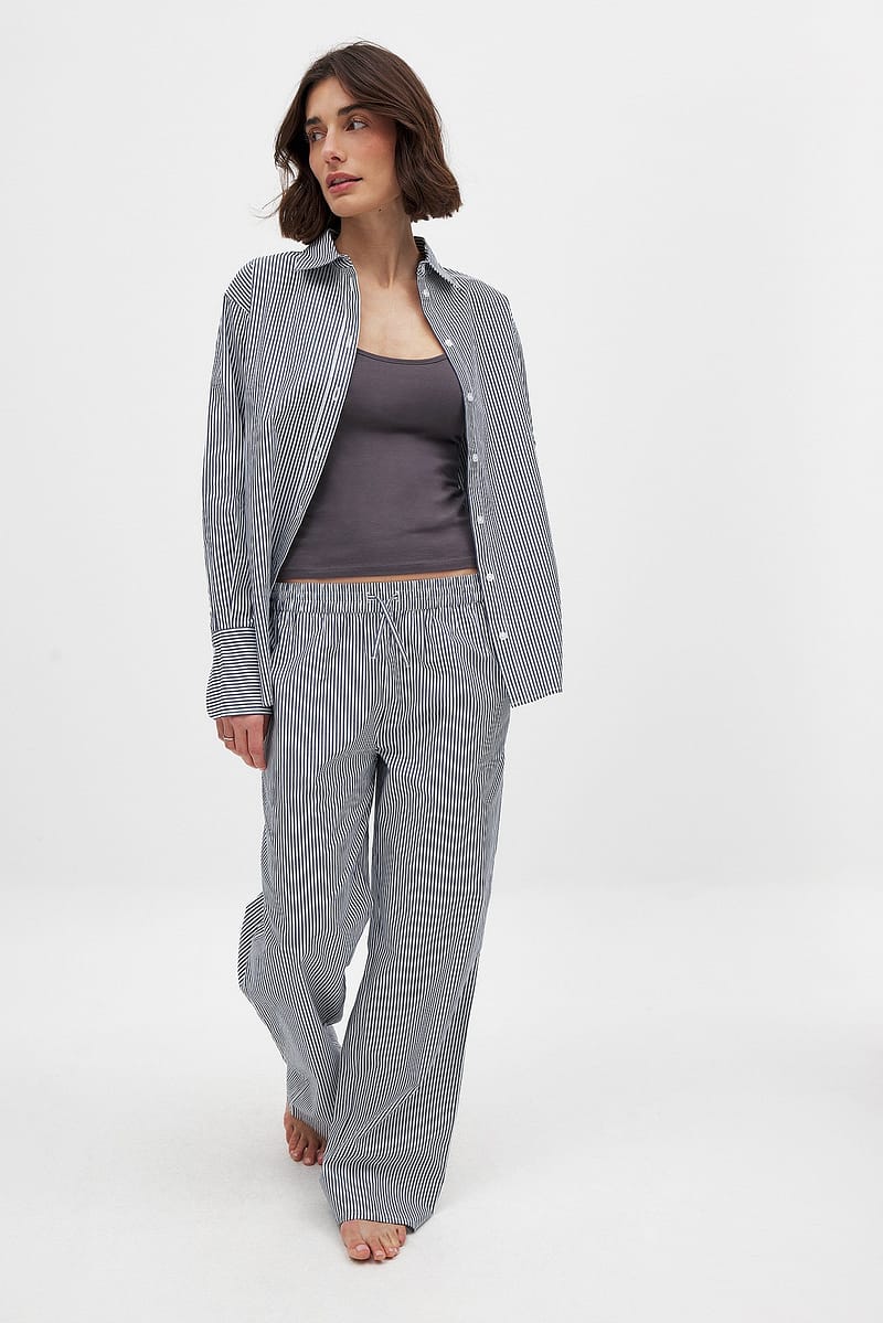 Cotton Wide Elastic Waist Pants - Stripe / Navy
