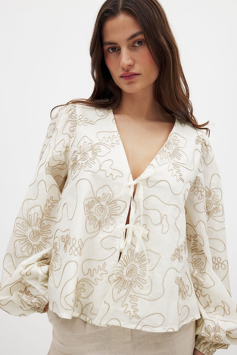 Embroidered Long Sleeve Blouse - Offwhite
