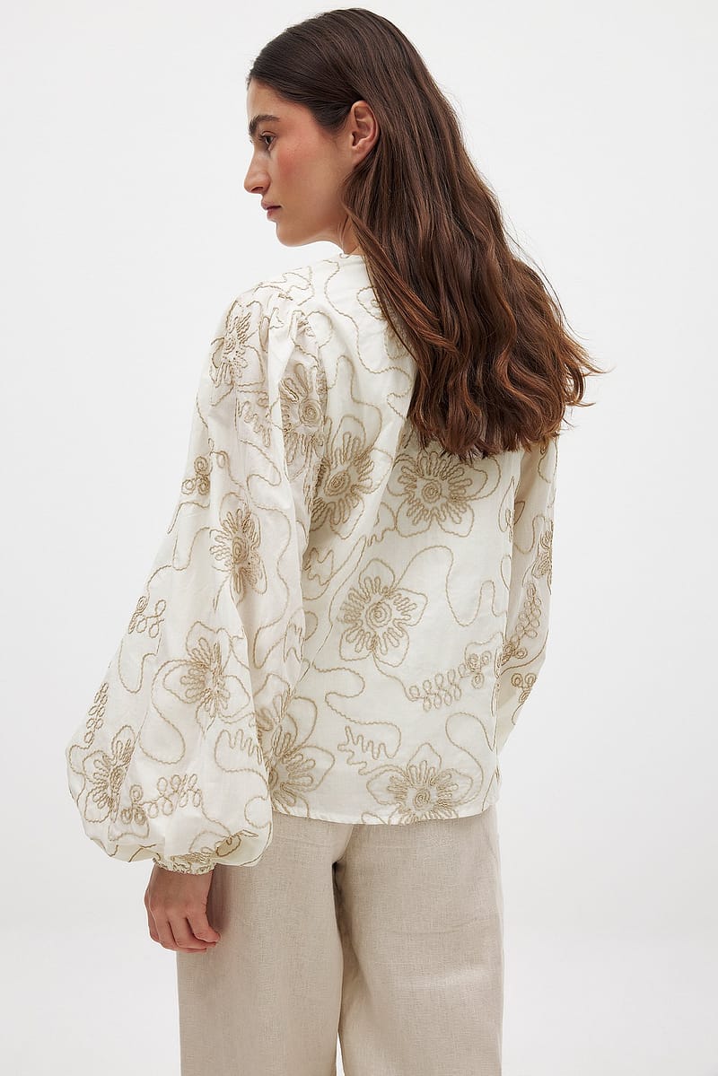 Embroidered Long Sleeve Blouse - Offwhite