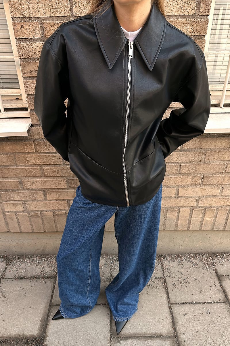Zip Detail Faux Leather Jacket - Black