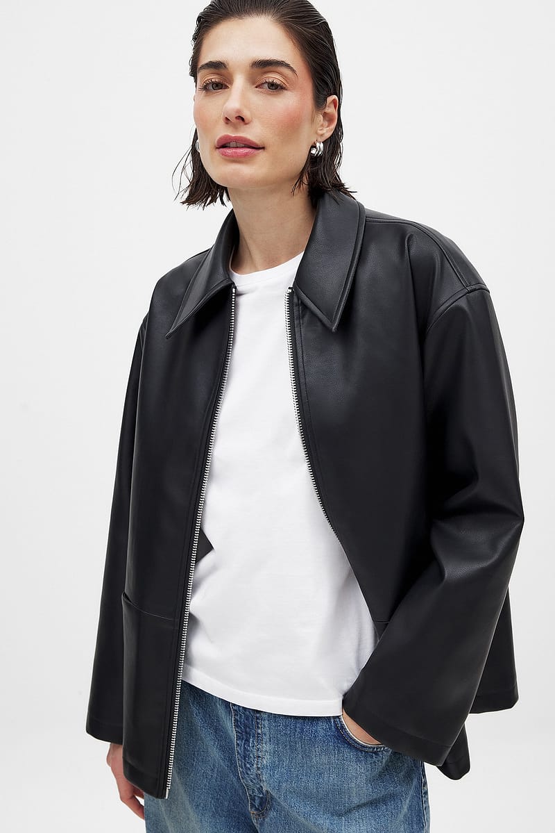 Zip Detail Faux Leather Jacket - Black