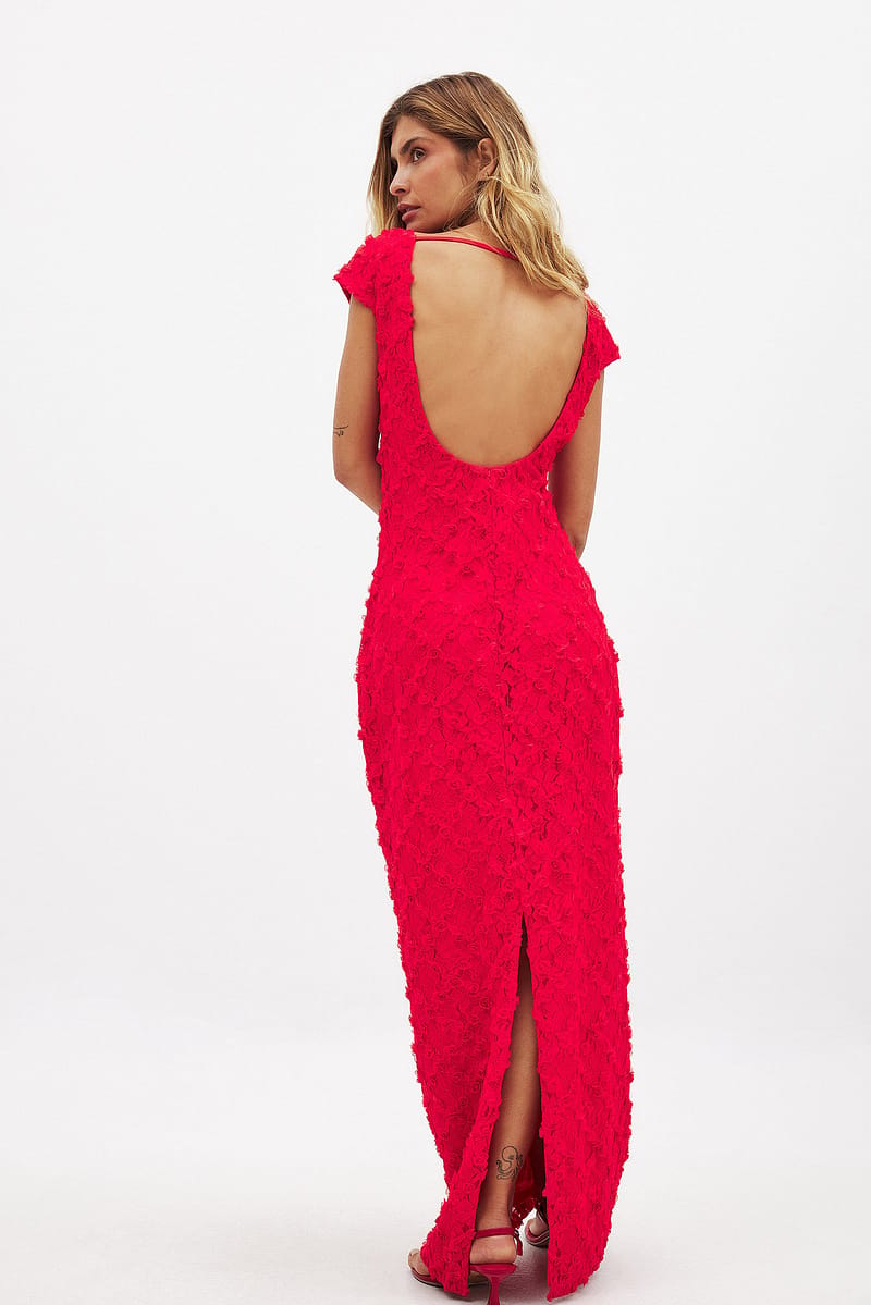Open Back Lace Maxi Dress - Red