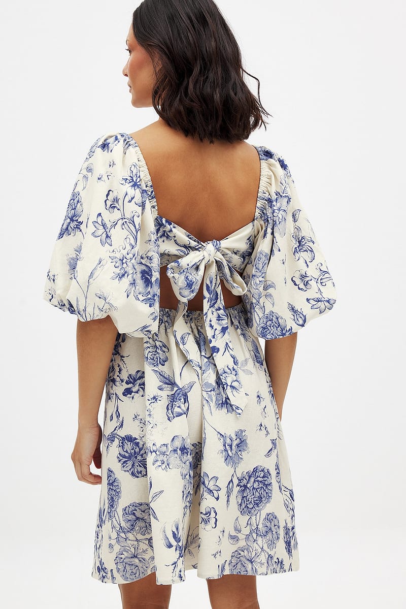 Linen Blend Puff Sleeve Mini Dress - Flower / Multicolor