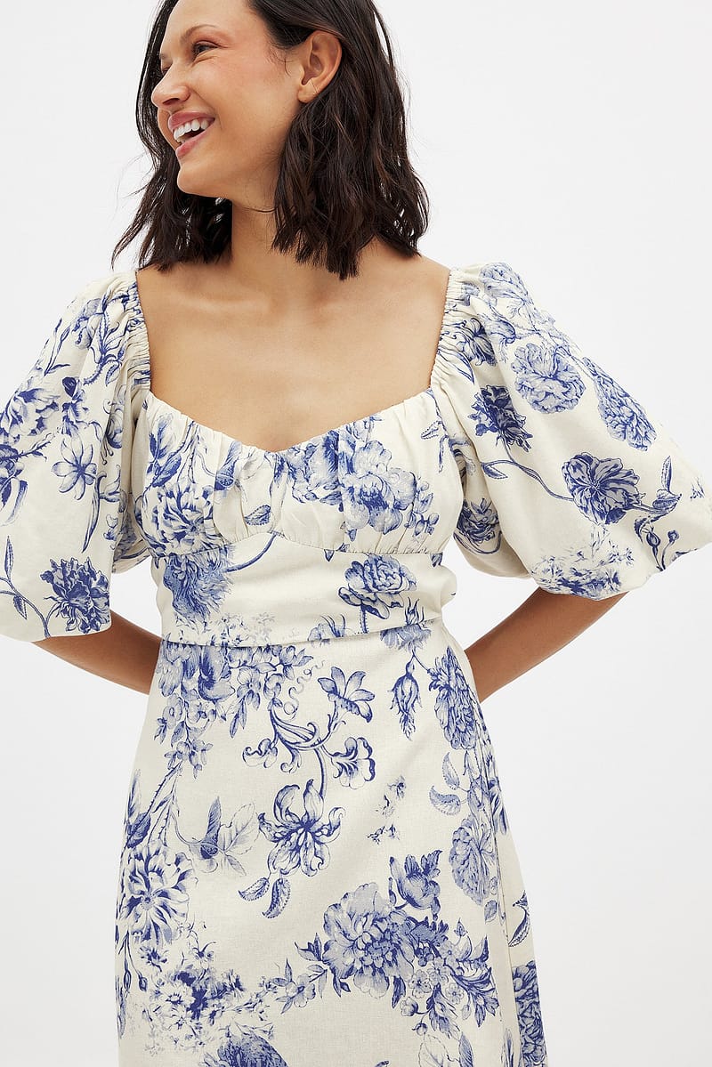 Linen Blend Puff Sleeve Mini Dress - Flower / Multicolor