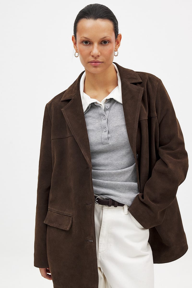 Oversized Suede Blazer - Brown