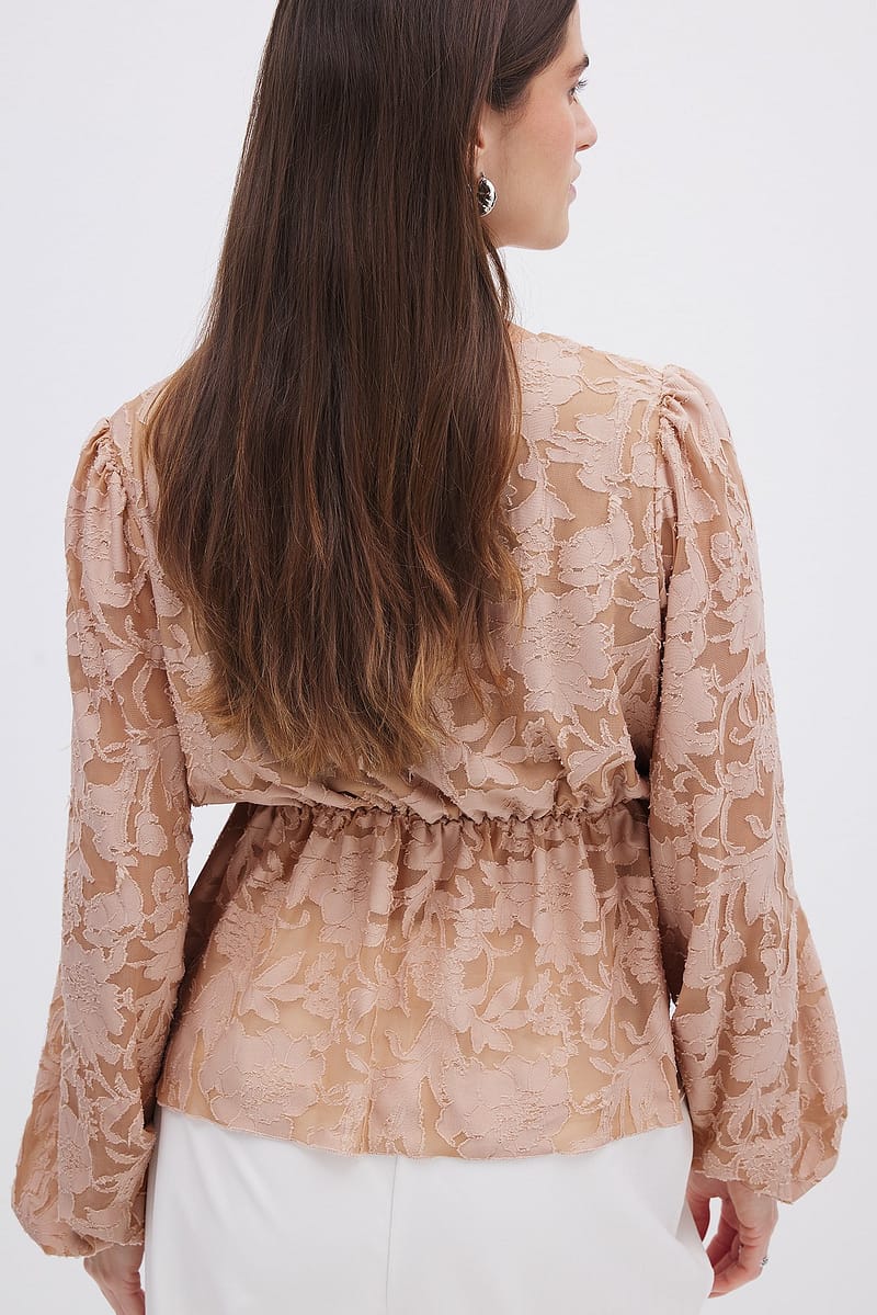 Burn Out Puff Sleeve Top - Beige