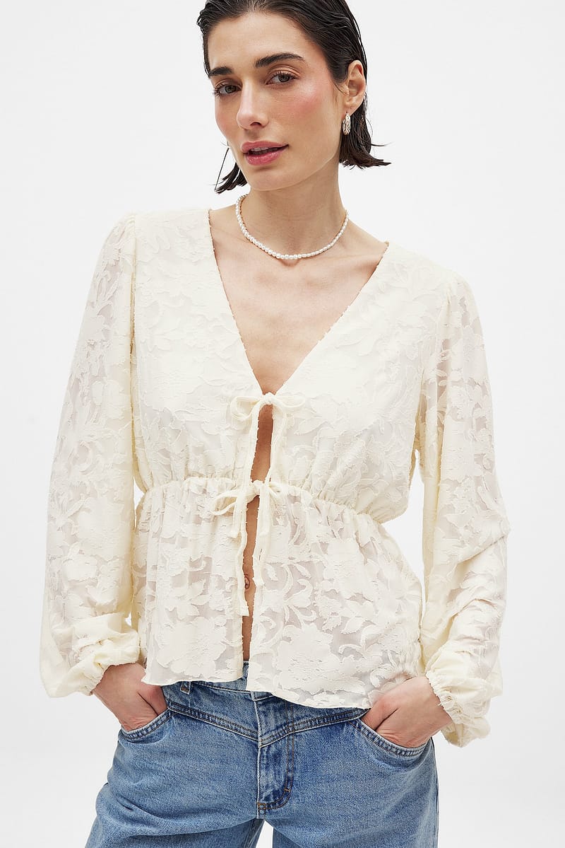 Burn Out Puff Sleeve Top - Offwhite