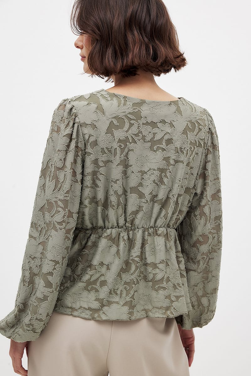 Burn Out Puff Sleeve Top - Khaki Green