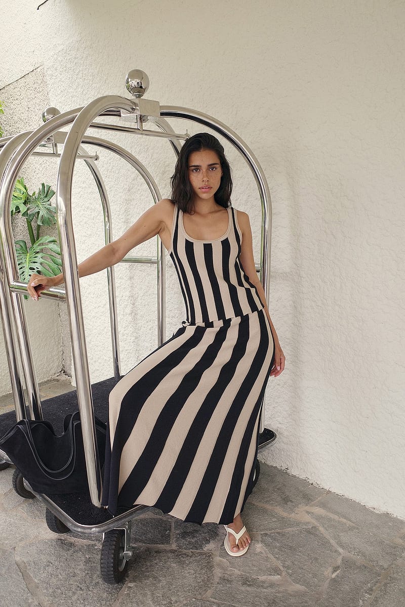 Knitted Stripe Midi Skirt - Stripe