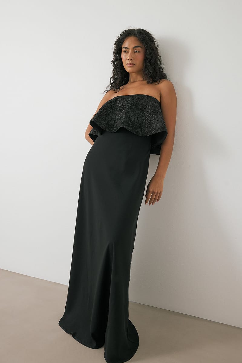 Jacquard Bandeau Volume Maxi Dress - Black
