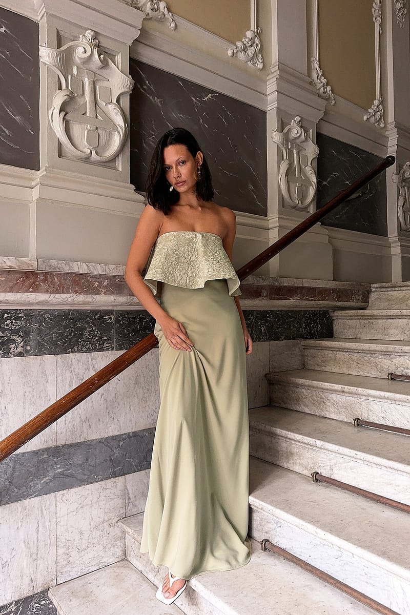 Jacquard Bandeau Volume Maxi Dress - Light Green