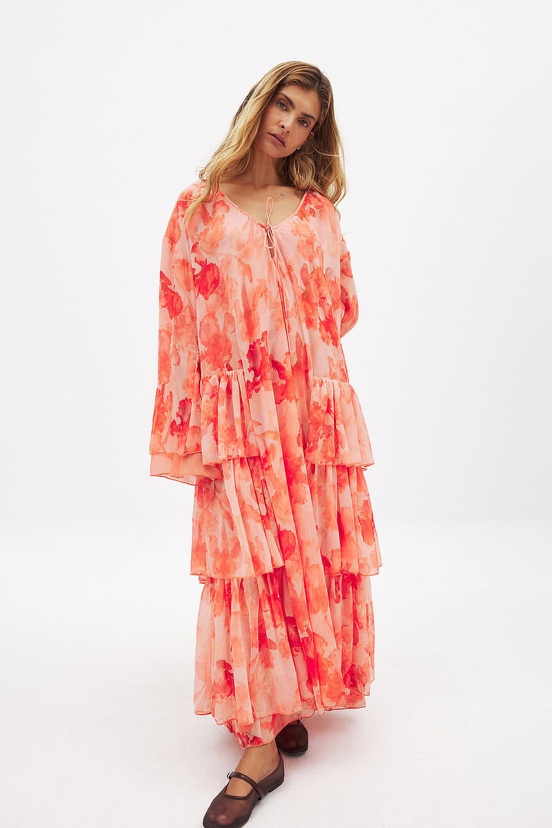 Chiffon Ruffle Long Sleeve Kaftan - Flower / Orange