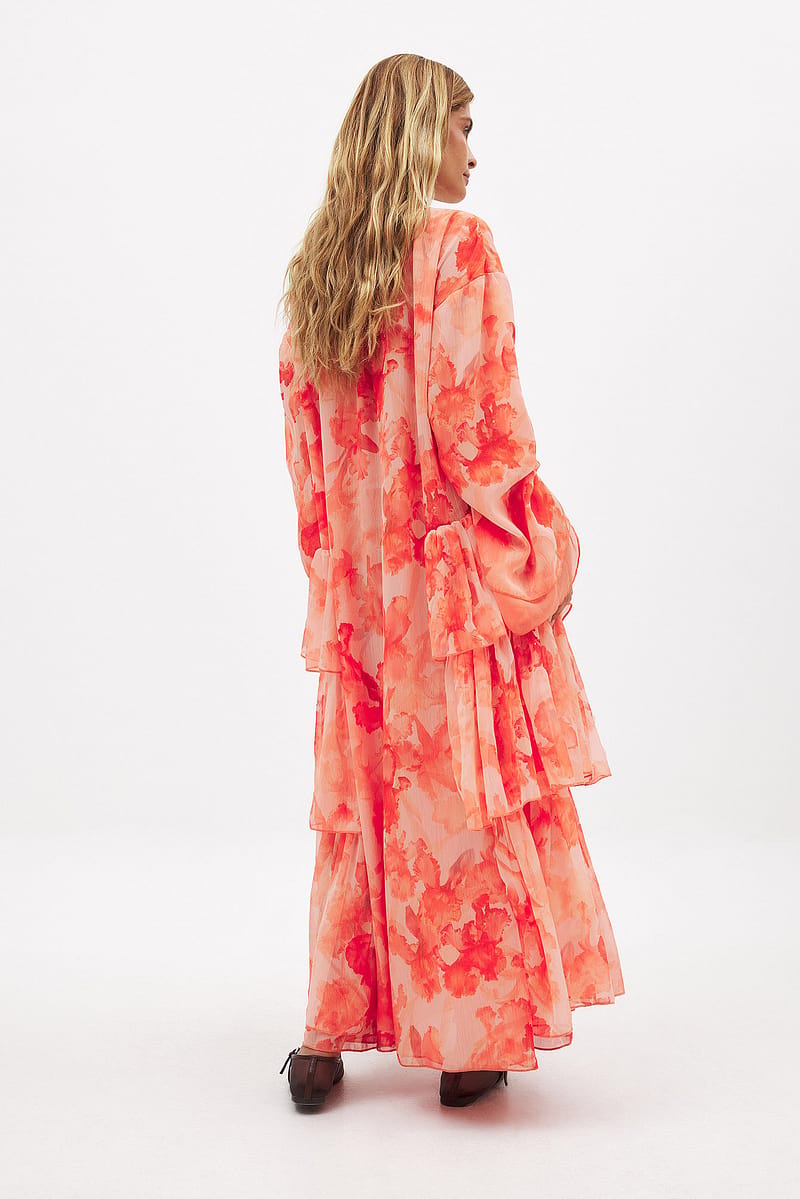 Chiffon Ruffle Long Sleeve Kaftan - Flower / Orange