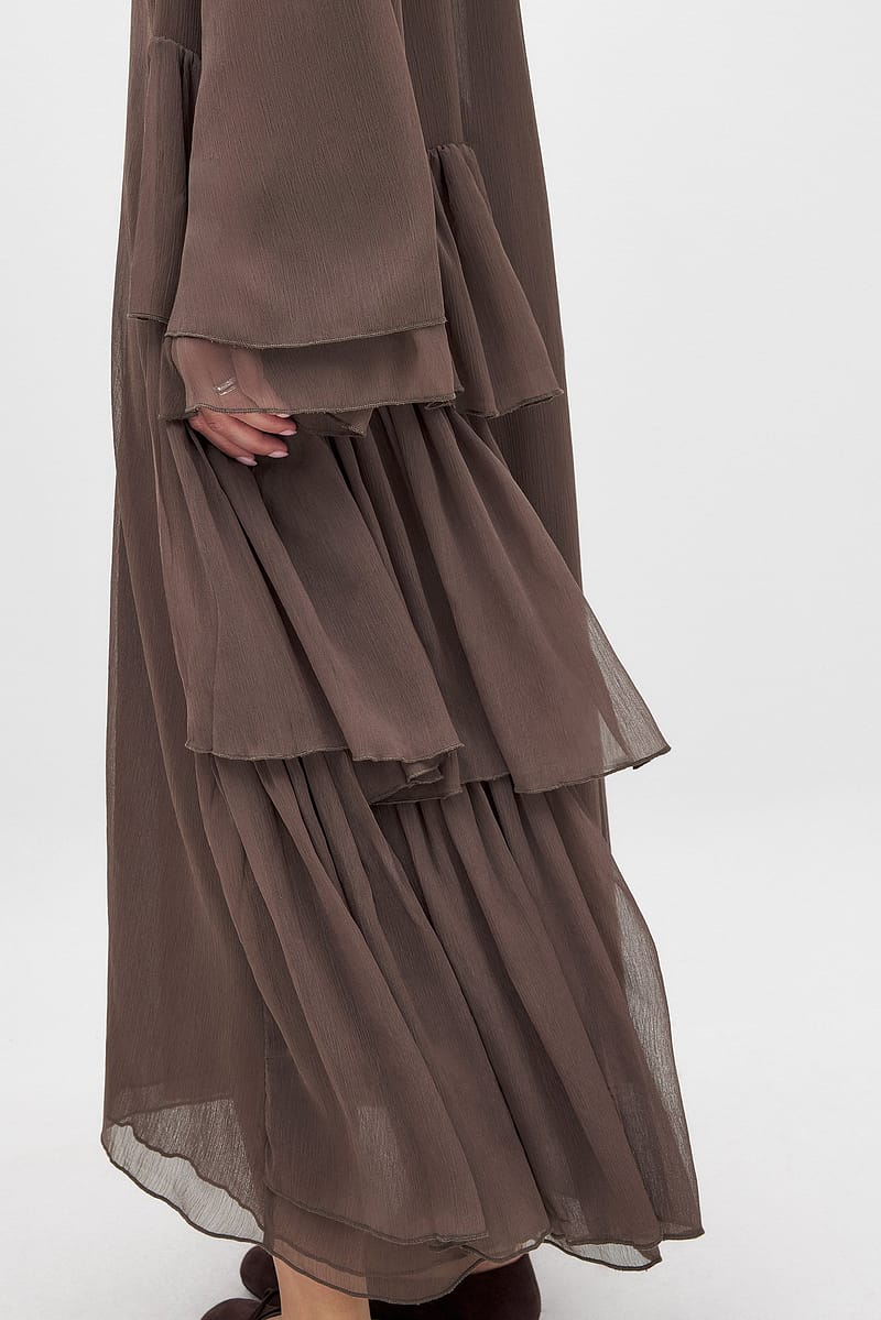Chiffon Ruffle Long Sleeve Kaftan - Brown