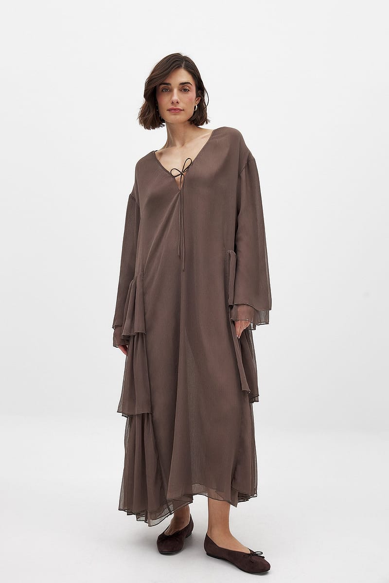 Chiffon Ruffle Long Sleeve Kaftan - Brown