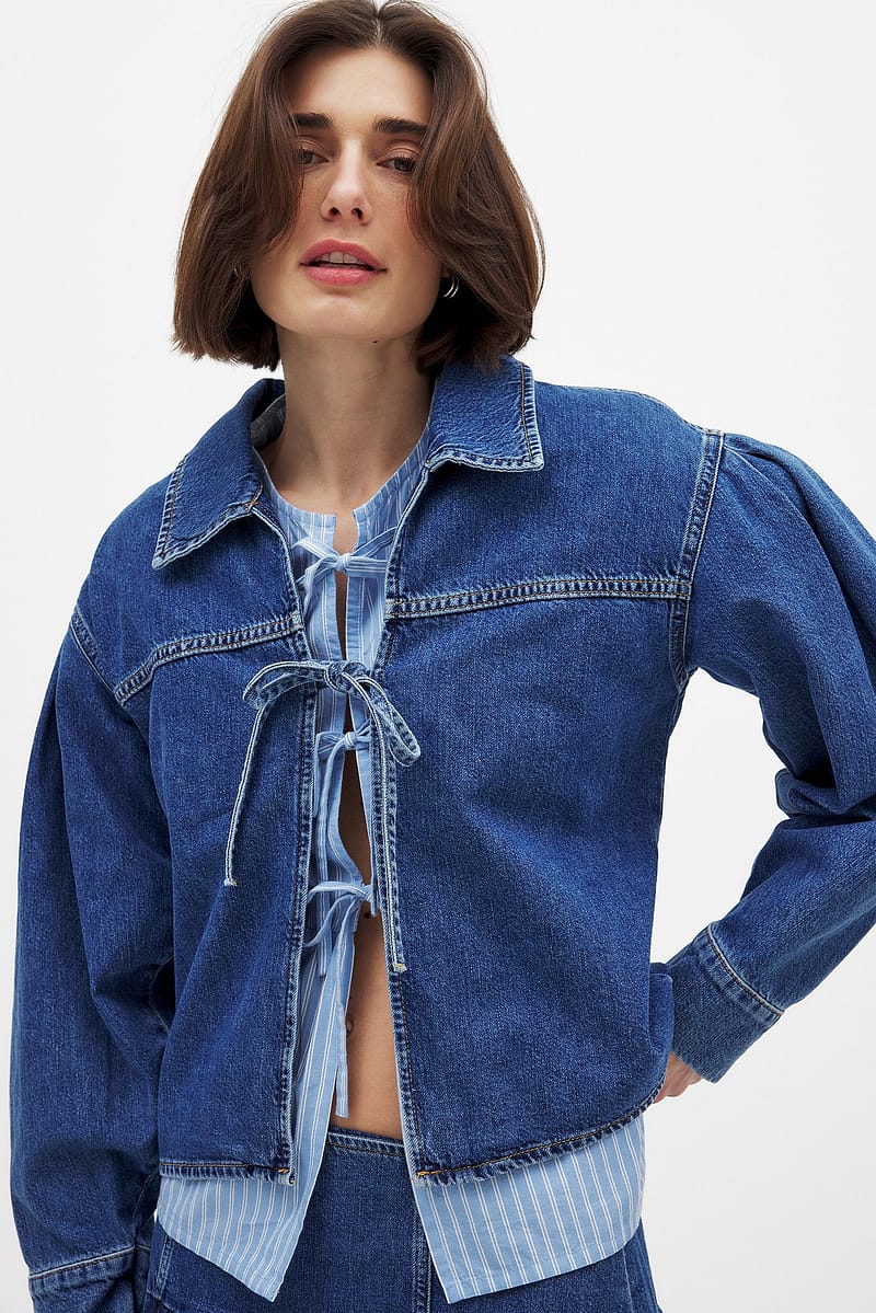 Tie Detail Denim Shirt - Mid Blue