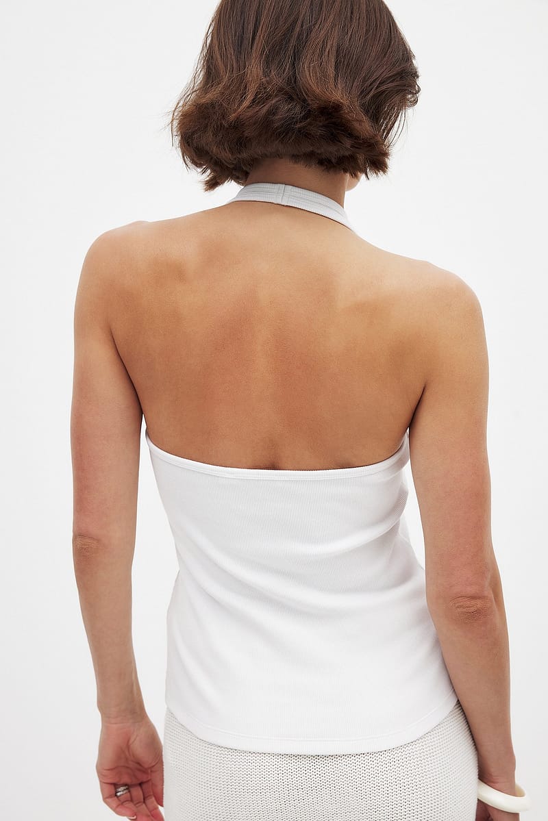 Halterneck Rib Top - White