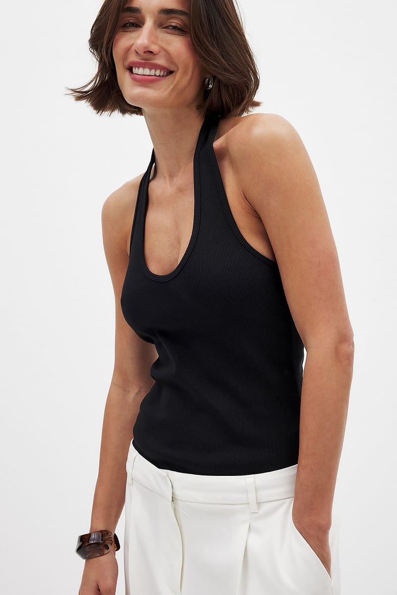 Halterneck Rib Top - Black