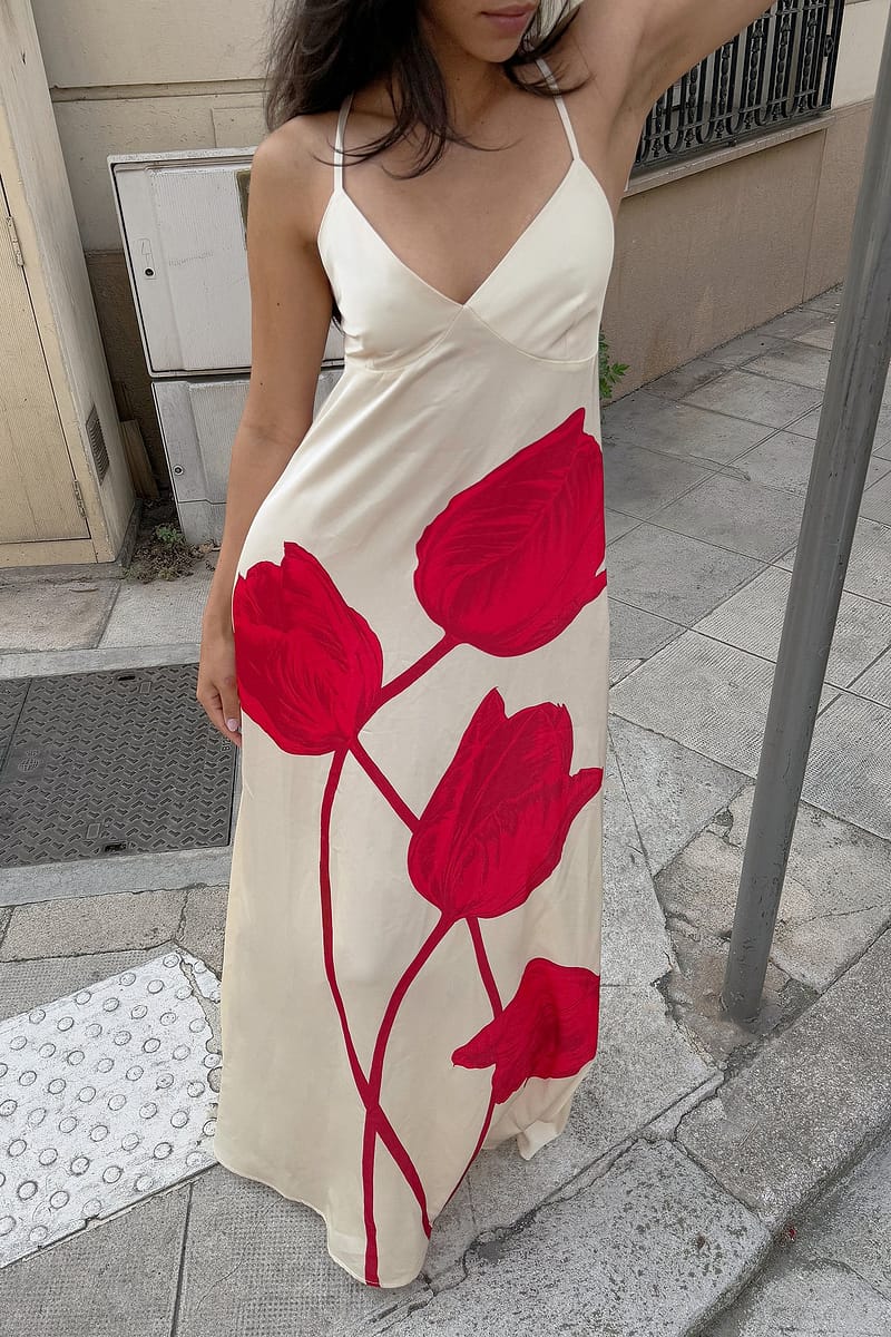 Satin Tie Back Volume Dress - Flower