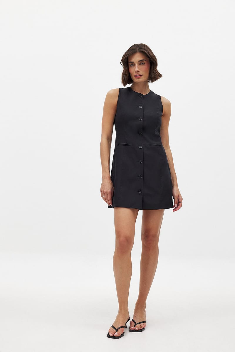 Linen Blend Vest Mini Dress - Black