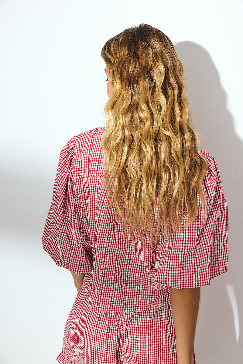 Cotton Tie Front V Neck Blouse - Checkered / Red