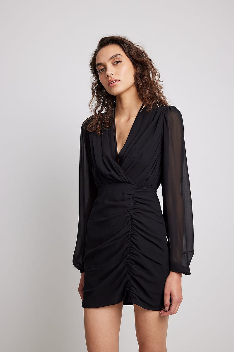 Gathered V-neck Mini Dress