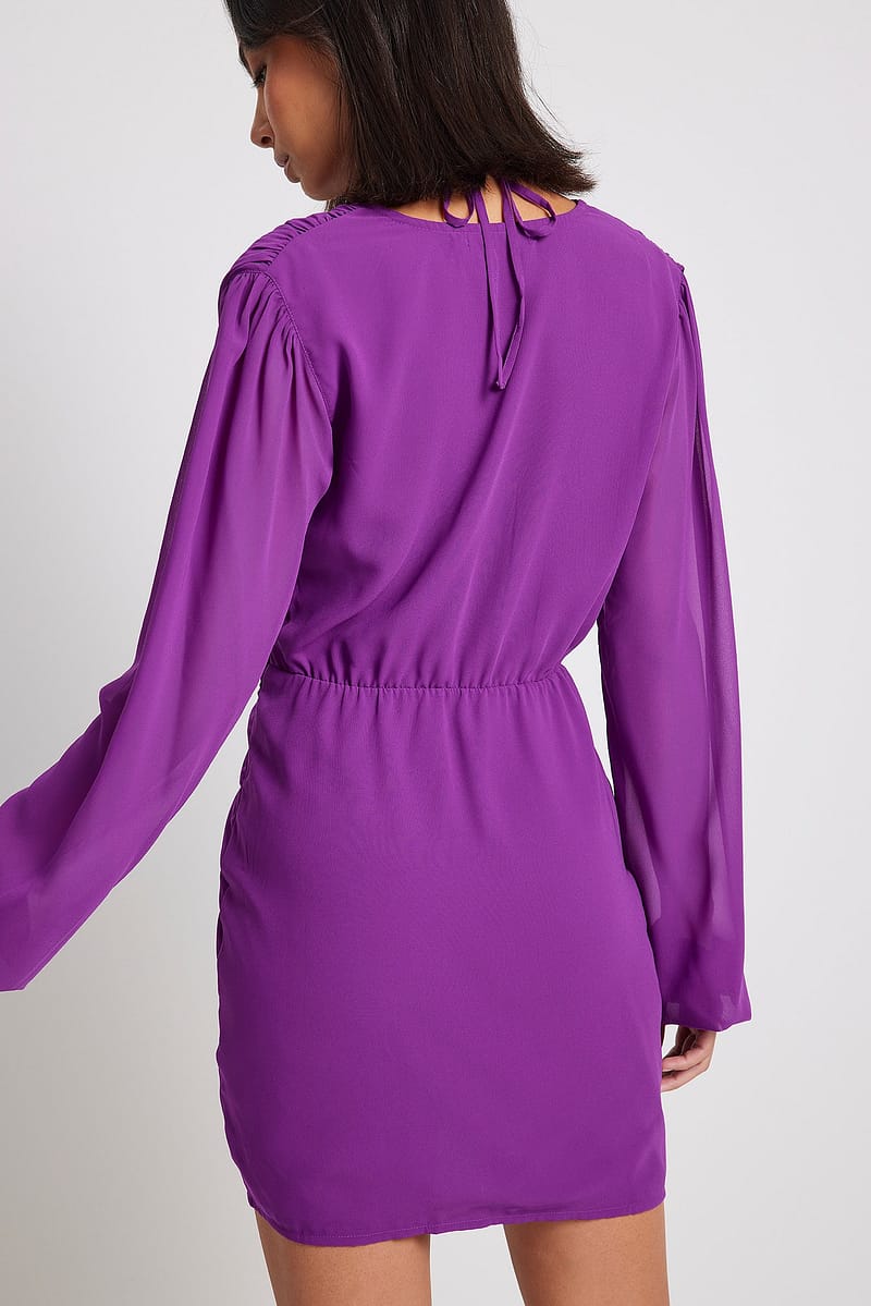 Gathered V-neck Mini Dress - Purple
