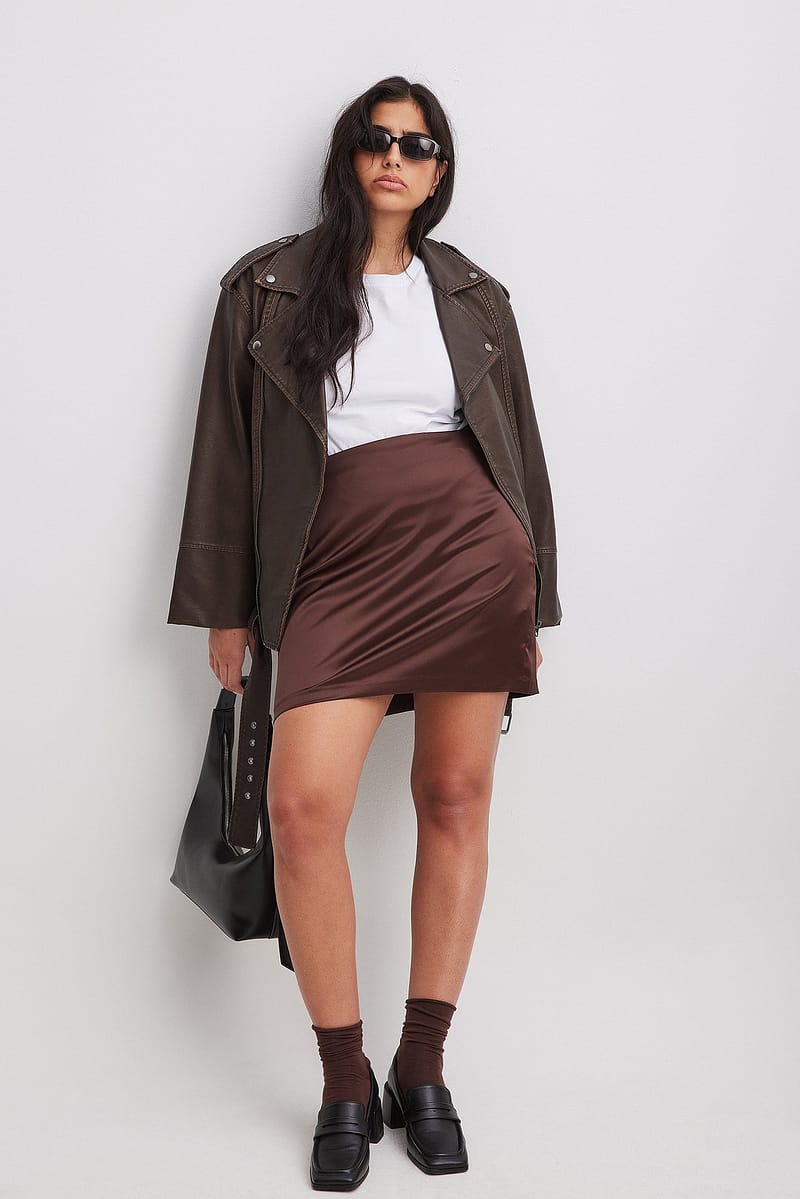 Fitted High Waist Mini Satin Skirt - Dark Brown
