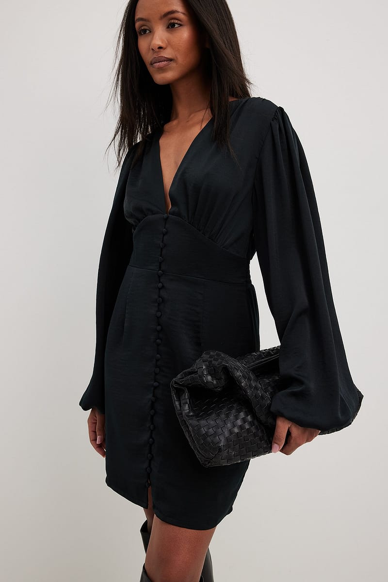 Button Front Detail Mini Dress - Black