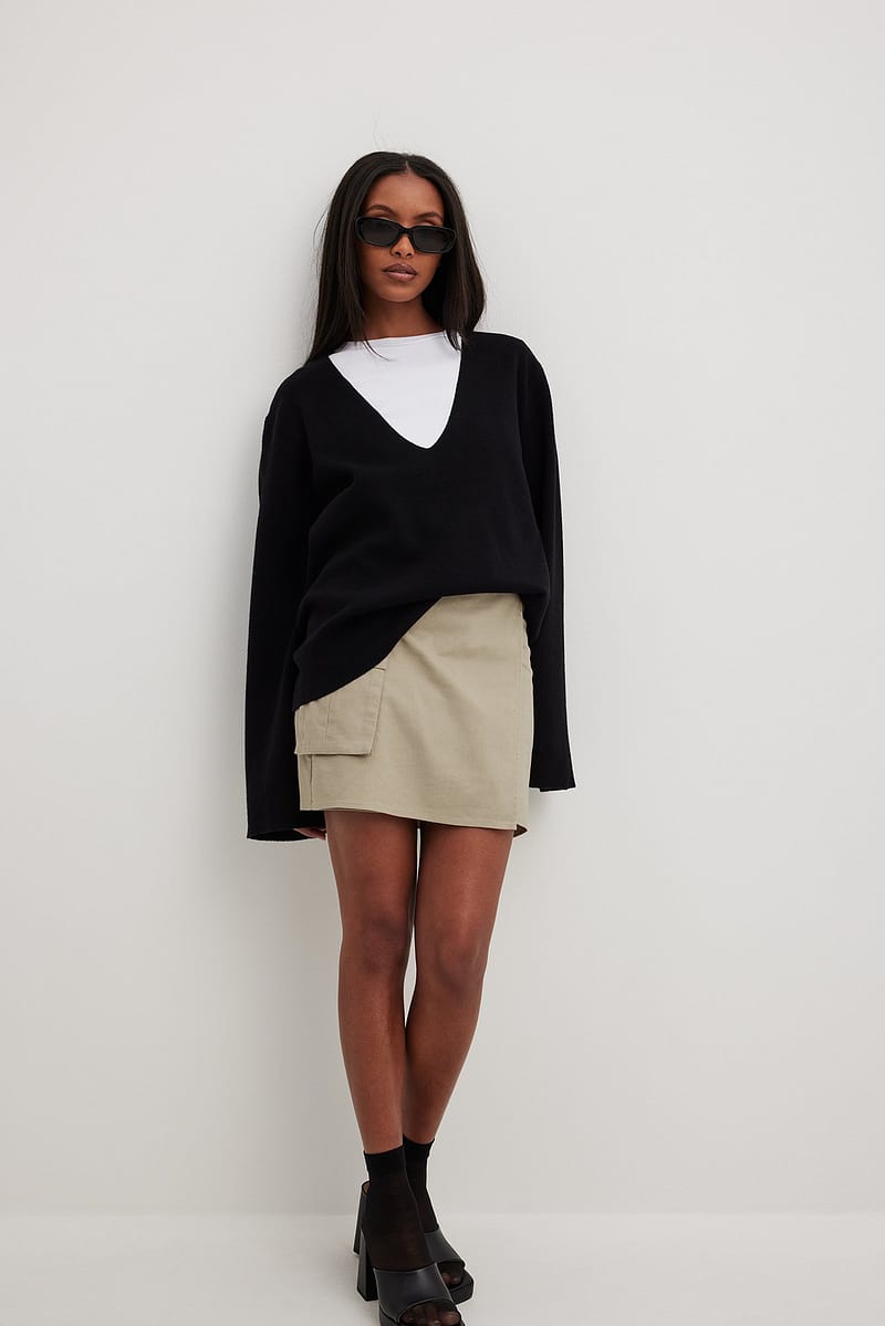 Linen Pocket Detail Overlap Skirt