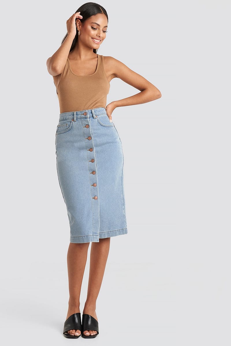 Button Up Denim Midi Skirt