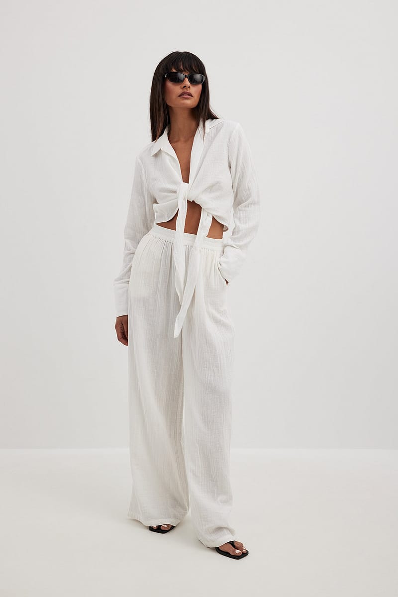 Structured Flowy Elastic Waist Pants - White