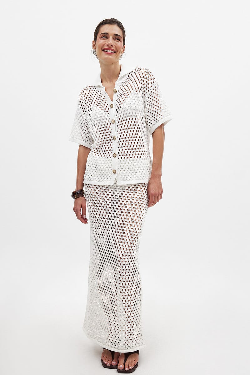 Hole Knitted Maxi Skirt - White