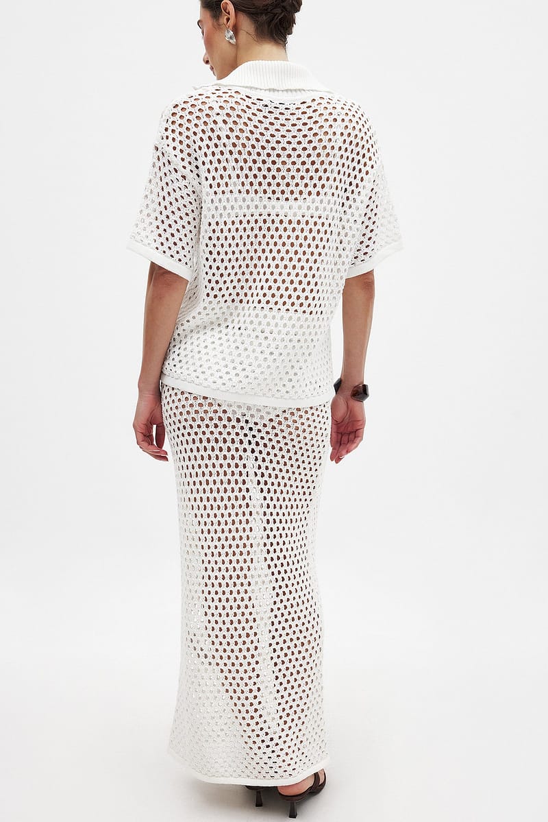 Hole Knitted Maxi Skirt - White