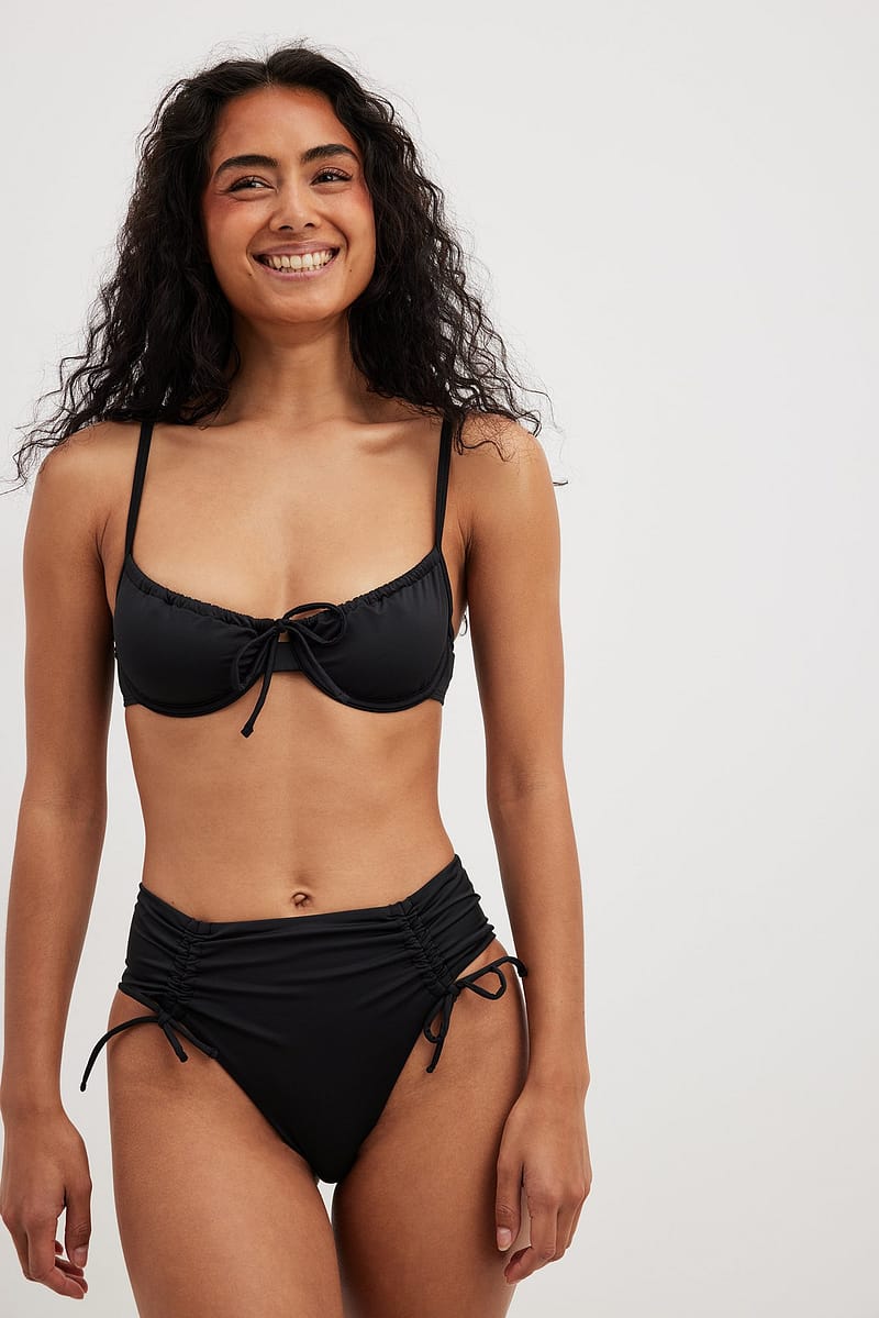 Drawstring Detail High Cut Bikini Panty - Black