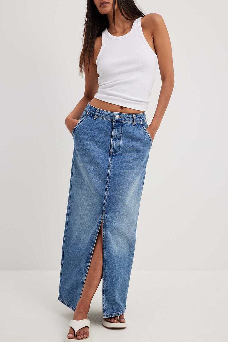 Slit Detailed Maxi Denim Skirt