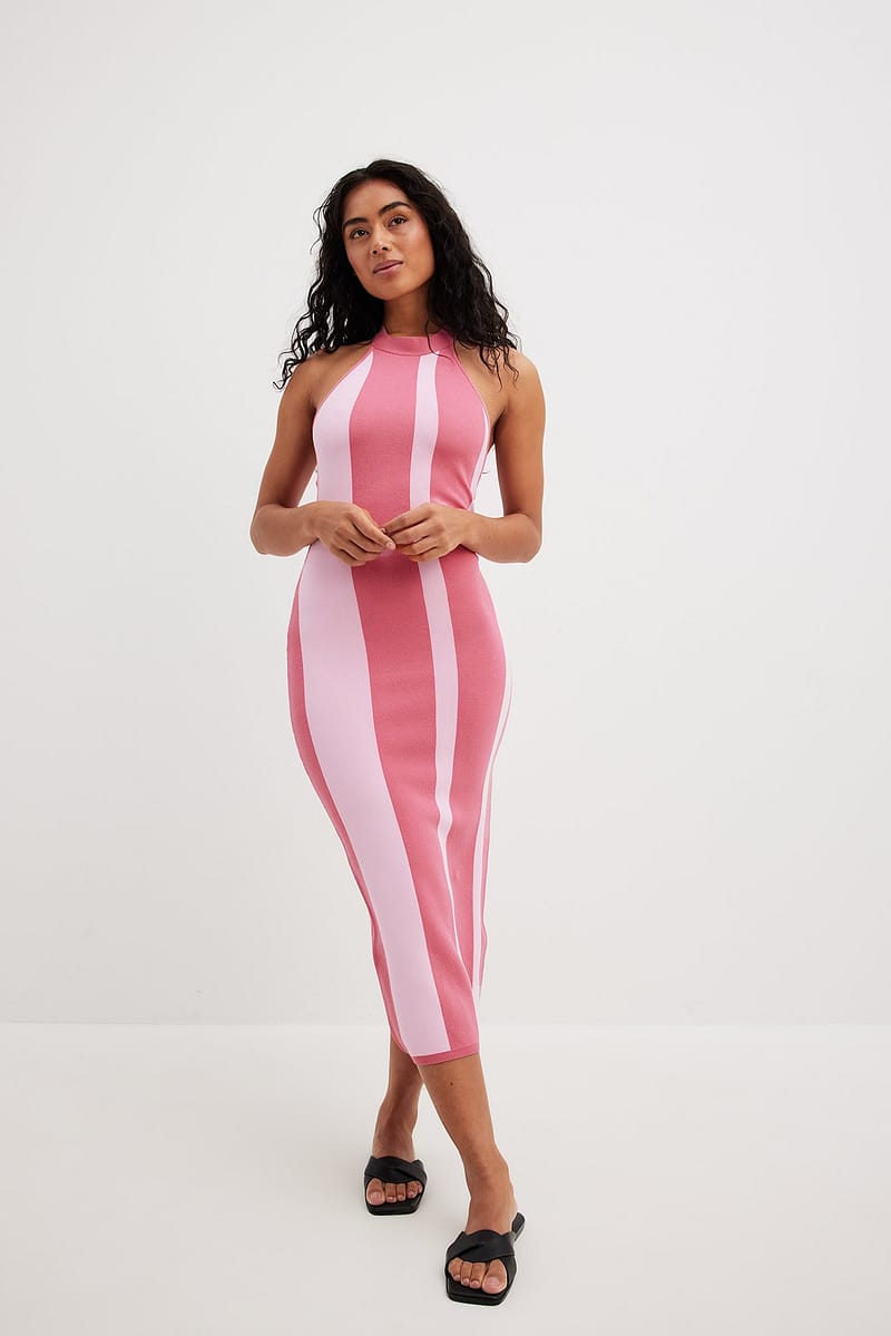 Striped Knitted Halterneck Midi Dress