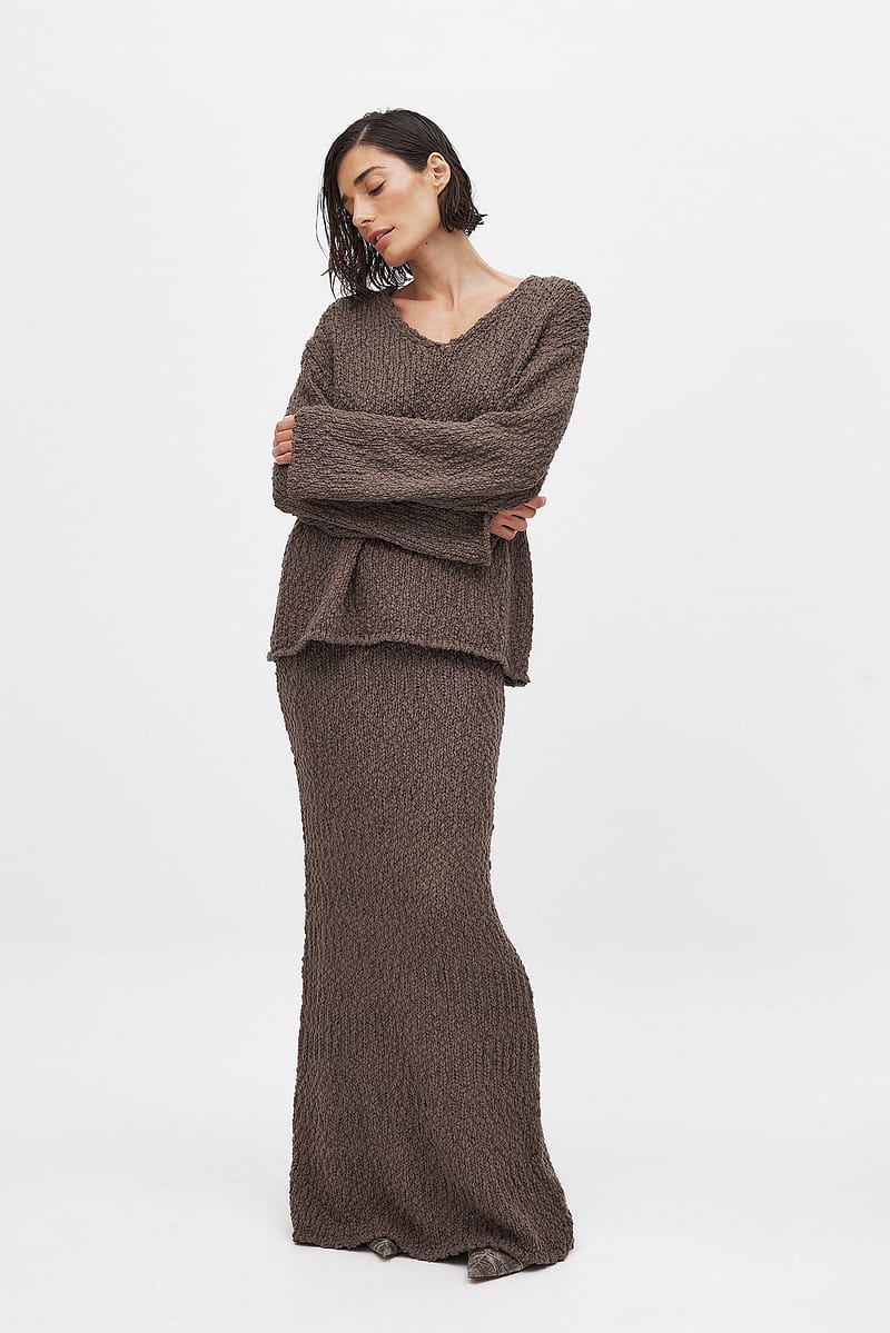 Structured Knitted Maxi Skirt - Brown