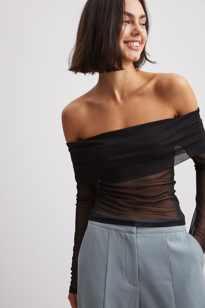 Off Shoulder Mesh Top - Black