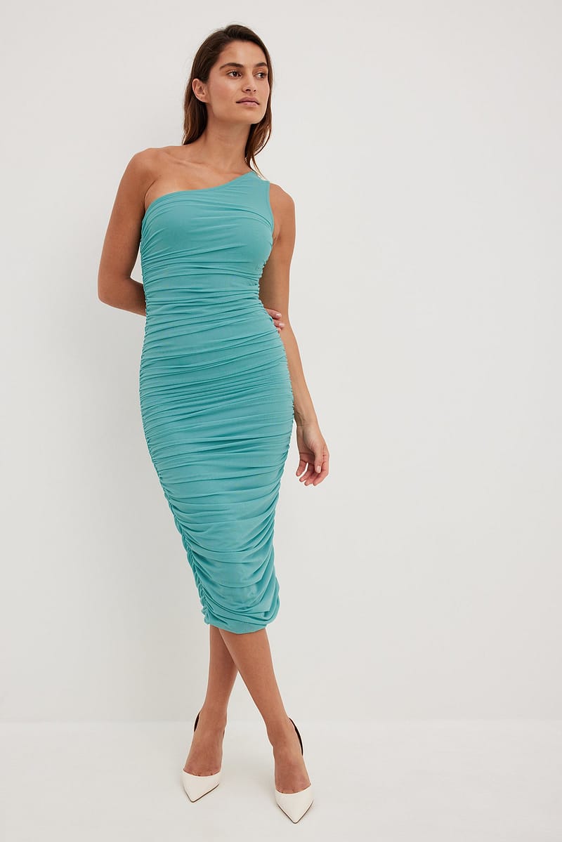 One Shoulder Mesh Midi Dress