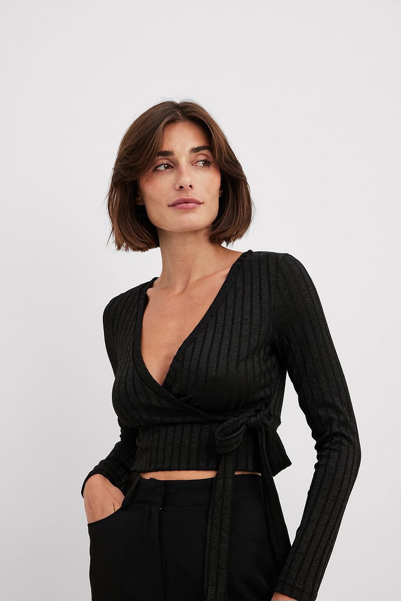 Wrap Rib Tie Top - Black